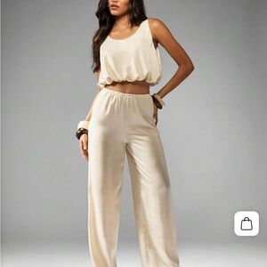 Missguided Cream Wide Leg Satin Palazzo Pants w/ Elastic Waist